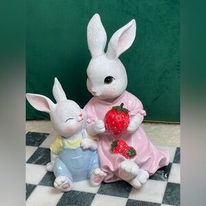 Adorable Bunny Figurine Set mom and baby with Strawberries